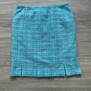 Le Suit Blue Tweed Plaid Midi Suit Skirt with Pleats